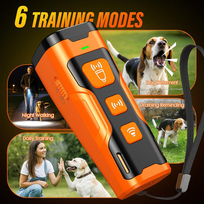 Front view of YUYQA ultrasonic dog bark deterrent device. YUYQA anti-barking device showing 3X ultrasonic emitters. Hand holding compact ultrasonic bark control device for dogs. Rechargeable dog bark deterrent with LED flashlight feature. YUYQA bark control device with 6 training modes display. Dog training device used outdoors to stop barking behavior. Small dog reacting to ultrasonic bark control device. YUYQA anti-bark trainer with USB-C fast charging cable. Size comparison of pocket-sized dog bark contr