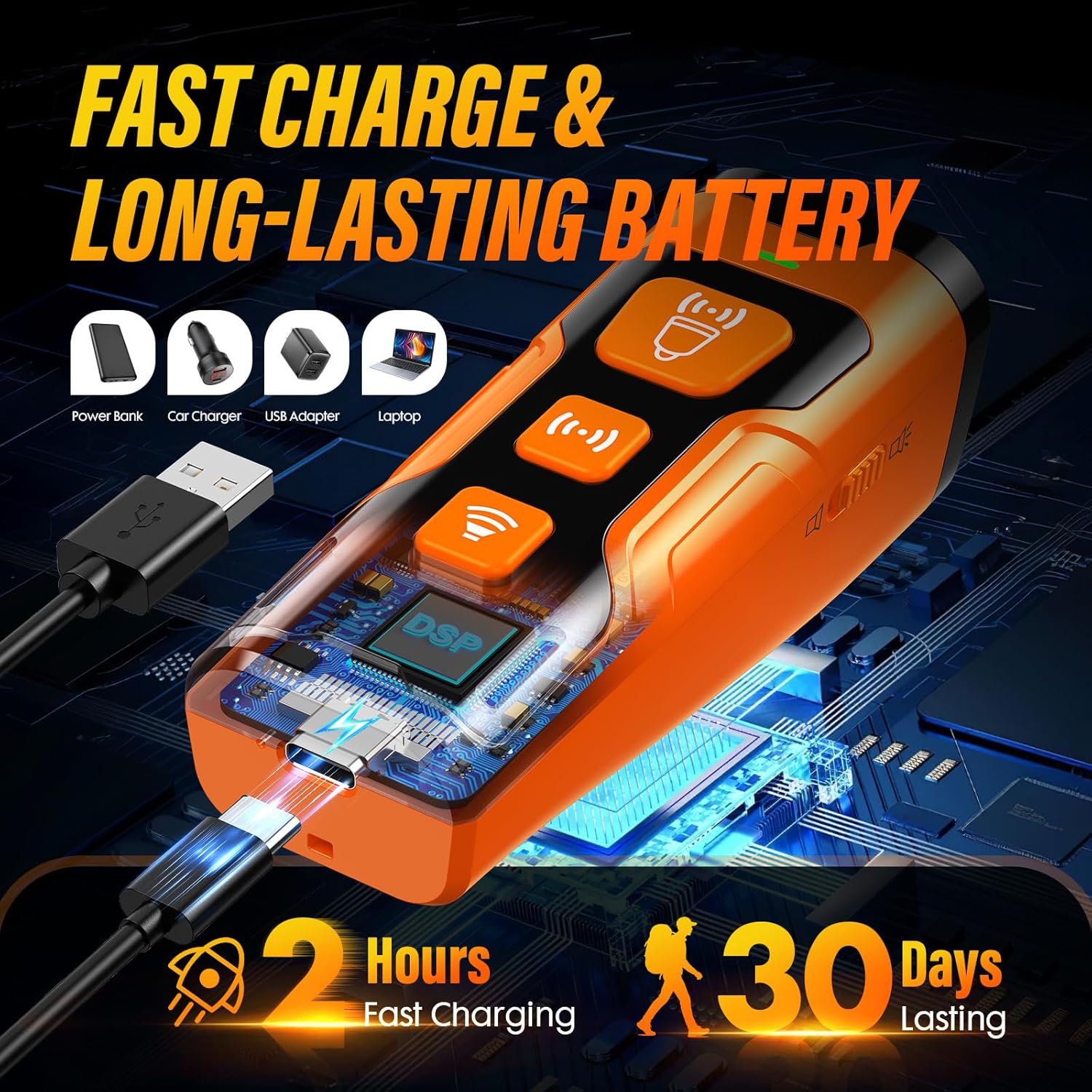 Front view of YUYQA ultrasonic dog bark deterrent device. YUYQA anti-barking device showing 3X ultrasonic emitters. Hand holding compact ultrasonic bark control device for dogs. Rechargeable dog bark deterrent with LED flashlight feature. YUYQA bark control device with 6 training modes display. Dog training device used outdoors to stop barking behavior. Small dog reacting to ultrasonic bark control device. YUYQA anti-bark trainer with USB-C fast charging cable. Size comparison of pocket-sized dog bark contr
