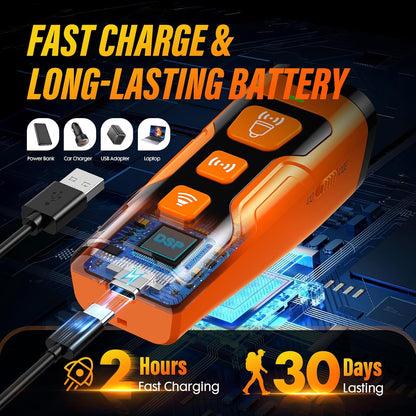 Front view of YUYQA ultrasonic dog bark deterrent device. YUYQA anti-barking device showing 3X ultrasonic emitters. Hand holding compact ultrasonic bark control device for dogs. Rechargeable dog bark deterrent with LED flashlight feature. YUYQA bark control device with 6 training modes display. Dog training device used outdoors to stop barking behavior. Small dog reacting to ultrasonic bark control device. YUYQA anti-bark trainer with USB-C fast charging cable. Size comparison of pocket-sized dog bark contr