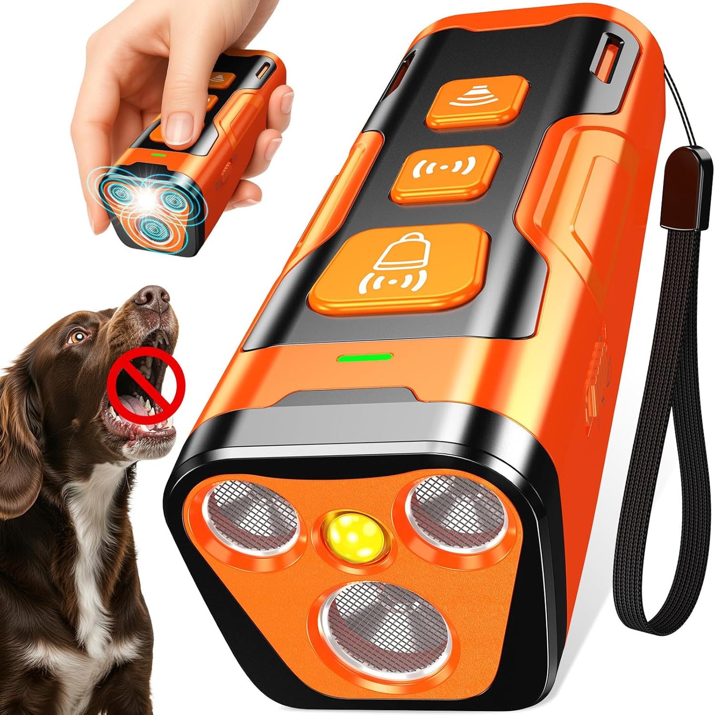 Front view of YUYQA ultrasonic dog bark deterrent device. YUYQA anti-barking device showing 3X ultrasonic emitters. Hand holding compact ultrasonic bark control device for dogs. Rechargeable dog bark deterrent with LED flashlight feature.
YUYQA bark control device with 6 training modes display. Dog training device used outdoors to stop barking behavior. Small dog reacting to ultrasonic bark control device. YUYQA anti-bark trainer with USB-C fast charging cable. Size comparison of pocket-sized dog bark contr