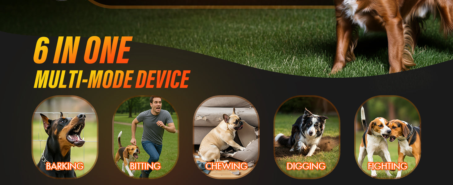 YUYQA ultrasonic dog bark deterrent device front view. Anti bark device with 3 ultrasonic emitters and LED light. Rechargeable ultrasonic dog training device with 6 modes. Dog owner holding compact YUYQA anti barking tool outdoors. Bark control device in use during night walk with LED flashlight. YUYQA ultrasonic bark stopper with USB-C charging port. Dog reacting to ultrasonic dog bark control device. YUYQA dog training device next to leash and dog collar. Pocket-sized anti bark device for small, medium, a