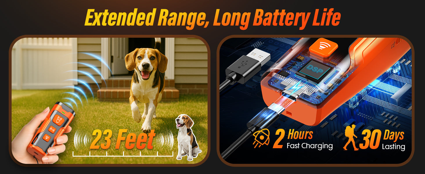 YUYQA ultrasonic dog bark deterrent device front view. Anti bark device with 3 ultrasonic emitters and LED light. Rechargeable ultrasonic dog training device with 6 modes. Dog owner holding compact YUYQA anti barking tool outdoors. Bark control device in use during night walk with LED flashlight. YUYQA ultrasonic bark stopper with USB-C charging port. Dog reacting to ultrasonic dog bark control device. YUYQA dog training device next to leash and dog collar. Pocket-sized anti bark device for small, medium, a