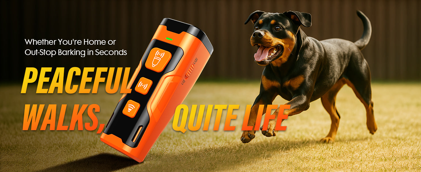 YUYQA ultrasonic dog bark deterrent device front view. Anti bark device with 3 ultrasonic emitters and LED light. Rechargeable ultrasonic dog training device with 6 modes. Dog owner holding compact YUYQA anti barking tool outdoors. Bark control device in use during night walk with LED flashlight. YUYQA ultrasonic bark stopper with USB-C charging port. Dog reacting to ultrasonic dog bark control device. YUYQA dog training device next to leash and dog collar. Pocket-sized anti bark device for small, medium, a